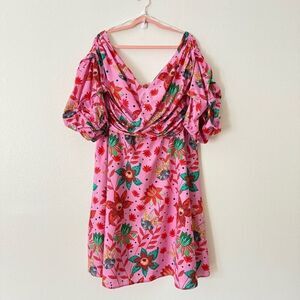 Eloquii Women's Size 18 Plus Pink Floral Puff Sleeve Mini Drape Dress